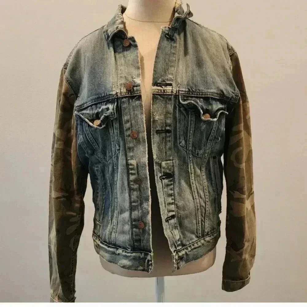 Ralph Lauren Denim & Supply Distressed Jacket Camoflouge Colorblock Sleeves M - Picture 2 of 13